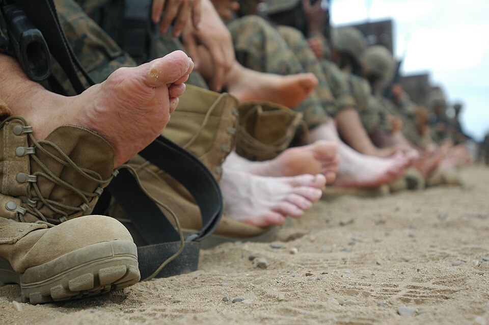 Recruits awaiting medical inspection during a Crucible exercise