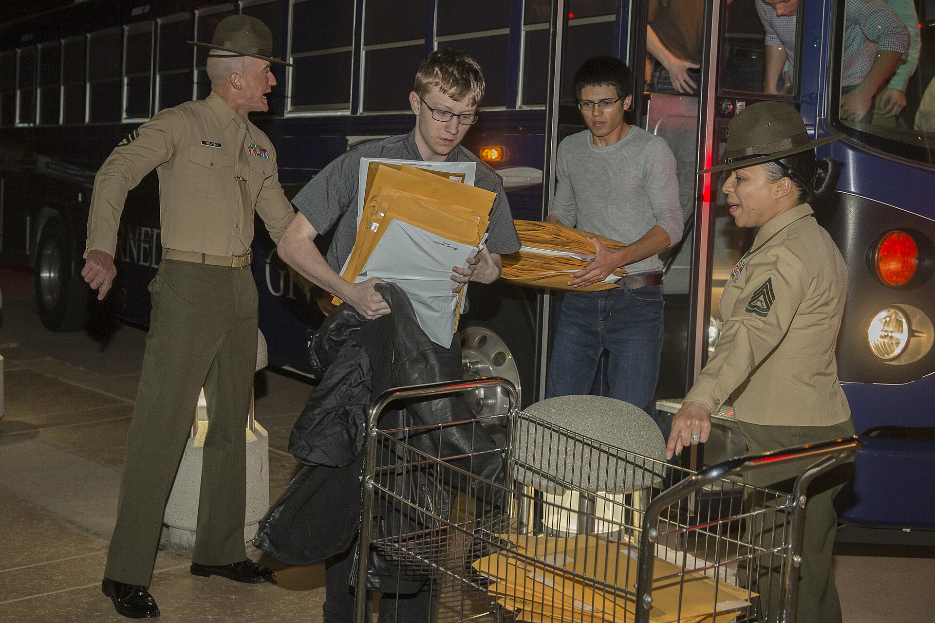 Drill instructors receiving new recruits in San Diego